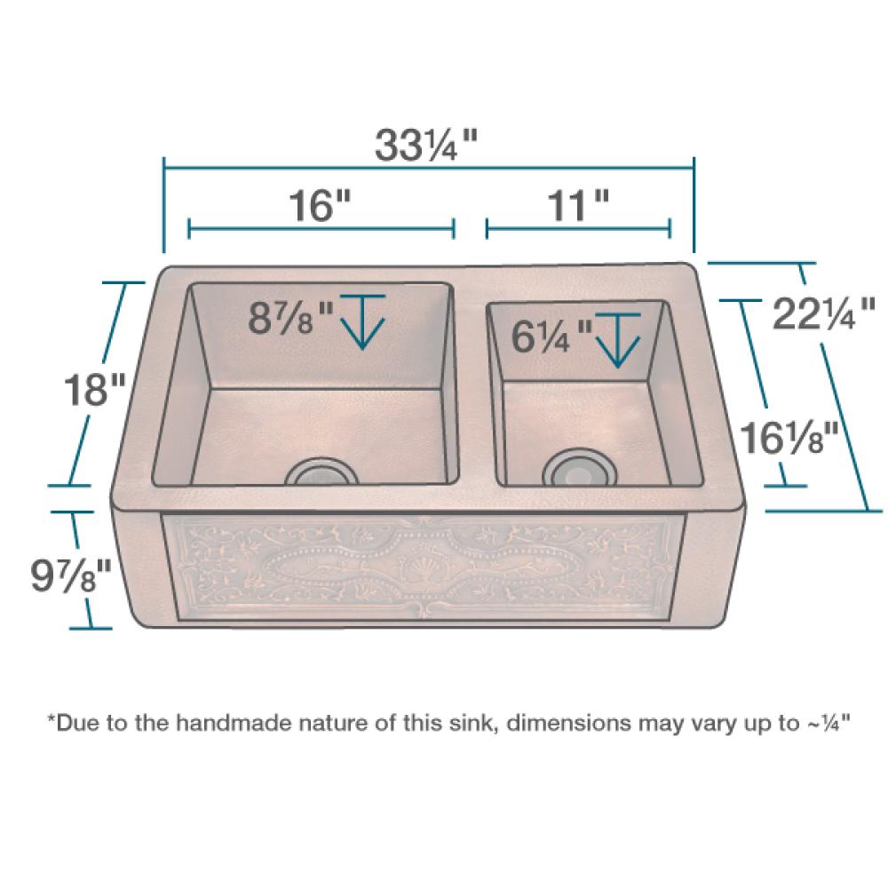 Alternate Image for Rene 33" Copper Farmhouse Sink, 60/40 Double Bowl, R4-3001-ST-C
