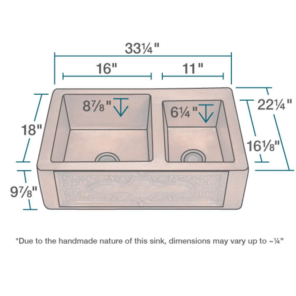 Alternate Image for Rene 33" Copper Farmhouse Sink, 60/40 Double Bowl, R4-3001-ST-C