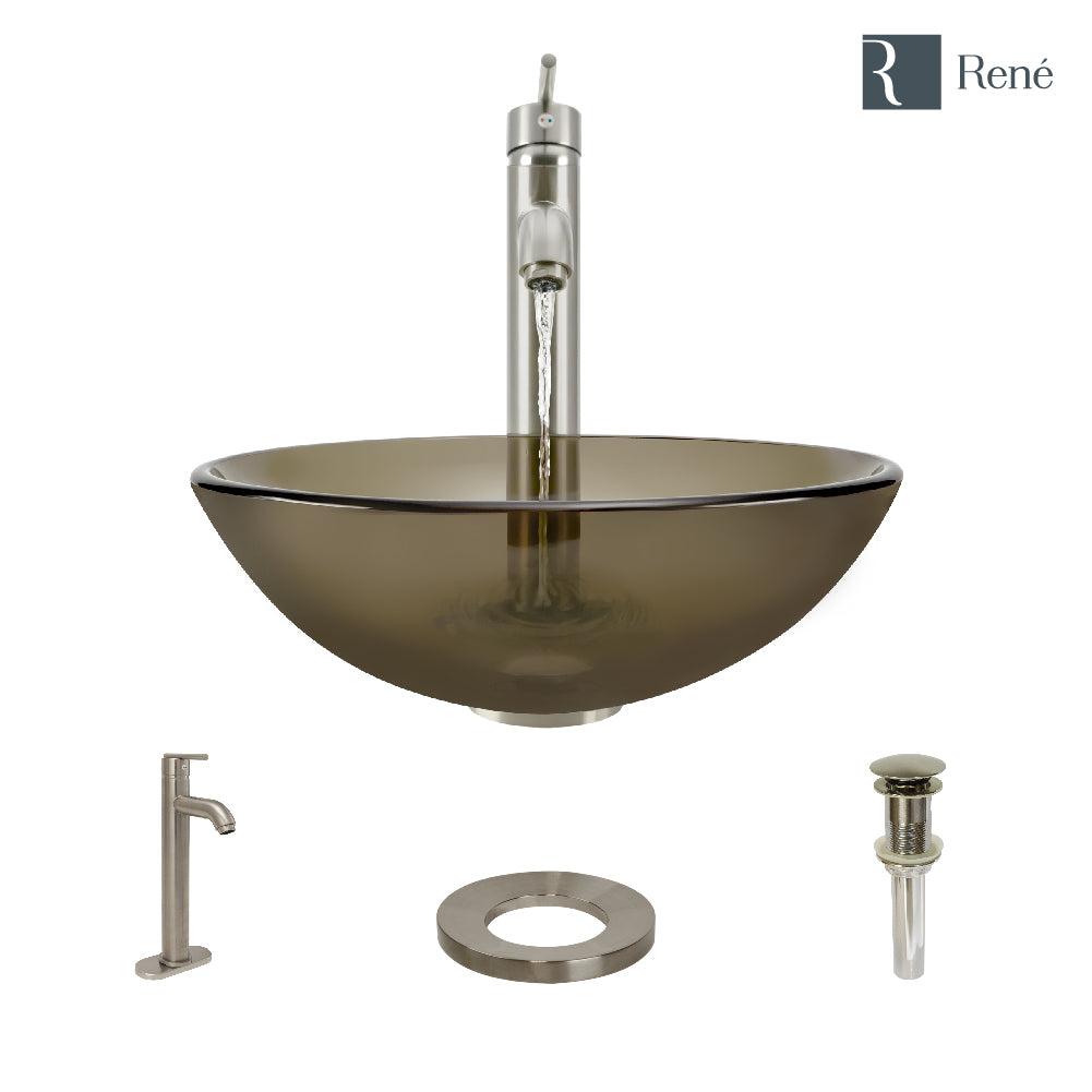 Alternate Image for Rene 17" Round Glass Bathroom Sink, Cashmere, with Faucet, R5-5001-CAS-R9-7001-BN