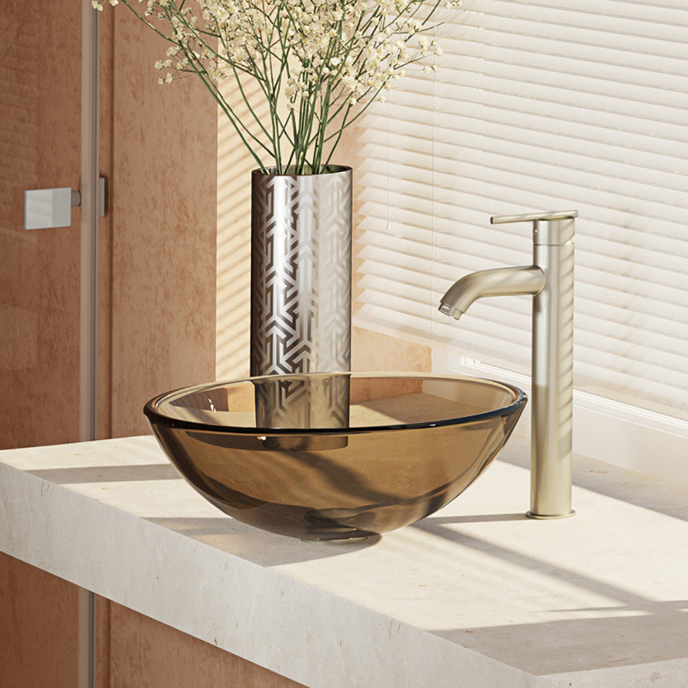 Alternate Image for Rene 17" Round Glass Bathroom Sink, Cashmere, with Faucet, R5-5001-CAS-R9-7001-BN