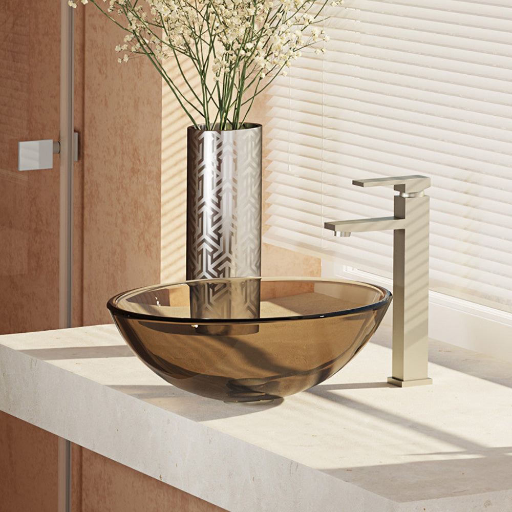 Alternate Image for Rene 17" Round Glass Bathroom Sink, Cashmere, with Faucet, R5-5001-CAS-R9-7003-BN