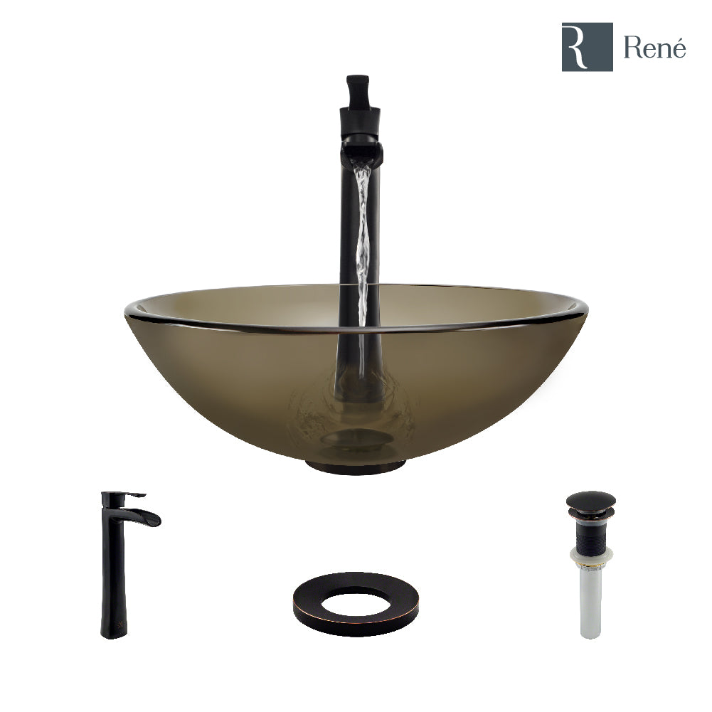 Alternate Image for Rene 17" Round Glass Bathroom Sink, Cashmere, with Faucet, R5-5001-CAS-R9-7007-ABR