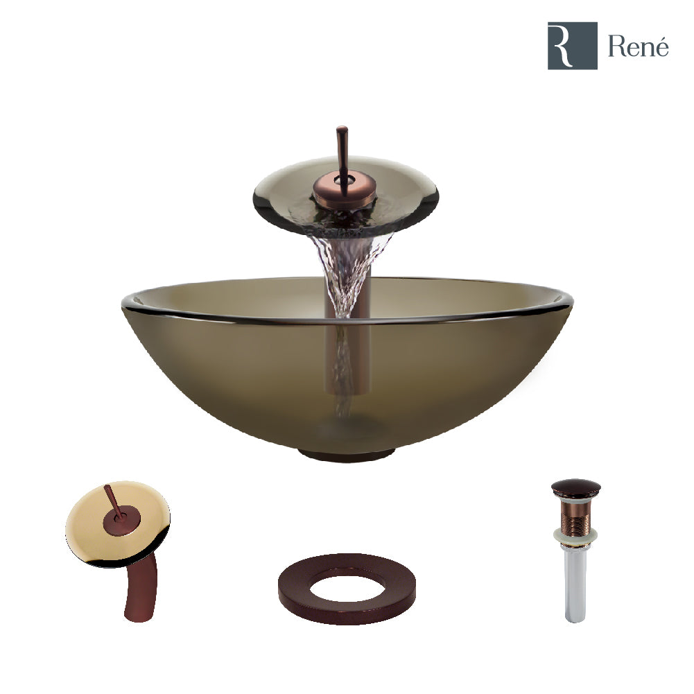 Rene 17" Round Glass Bathroom Sink, Cashmere, with Faucet, R5-5001-CAS-WF-ORB
