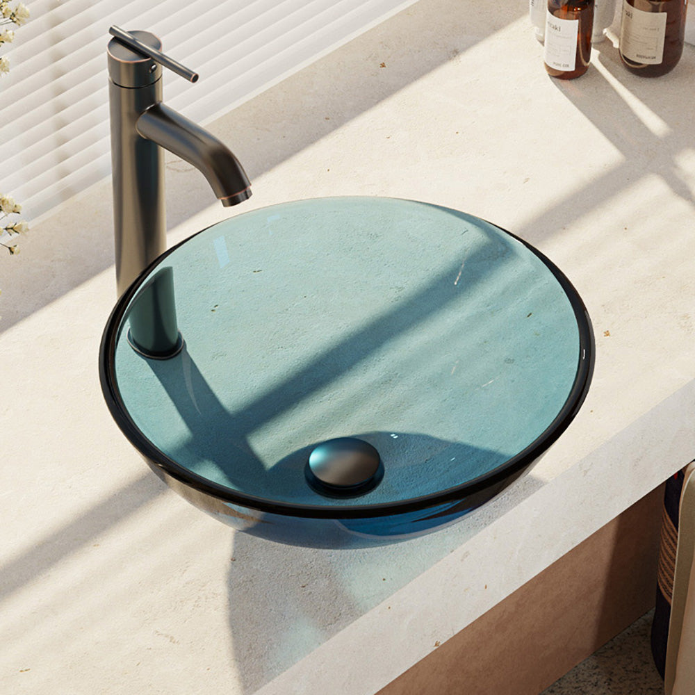 Alternate Image for Rene 17" Round Glass Bathroom Sink, Celeste, with Faucet, R5-5001-CEL-R9-7001-ABR