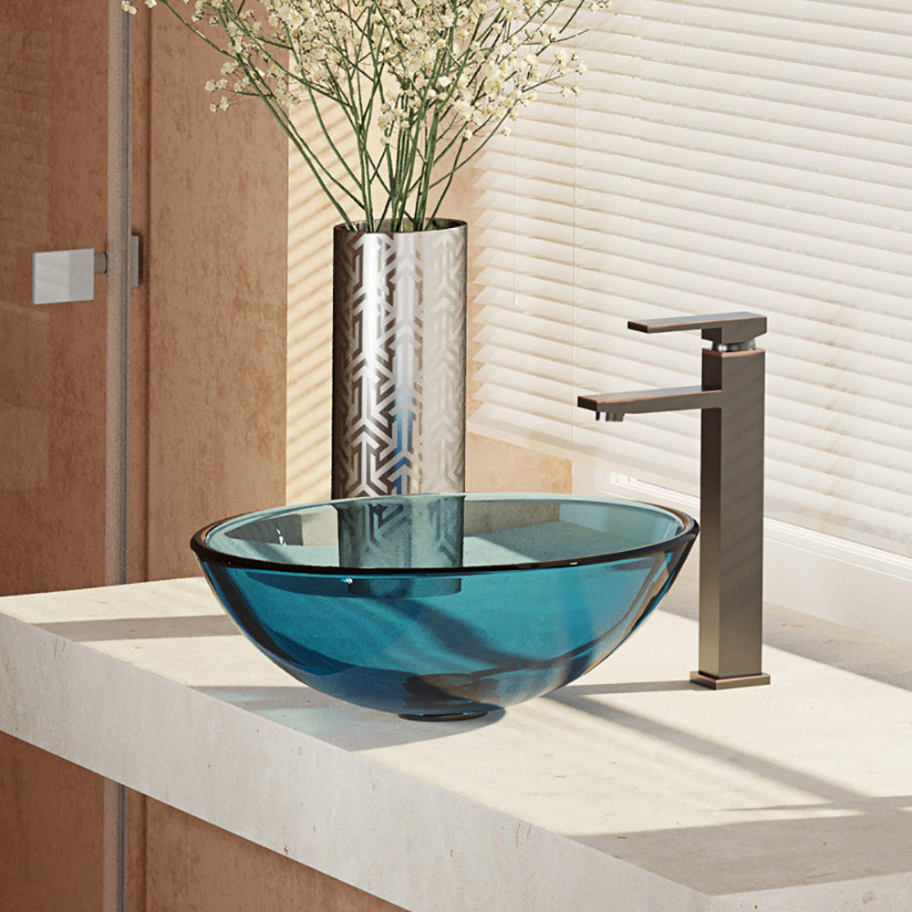Alternate Image for Rene 17" Round Glass Bathroom Sink, Celeste, with Faucet, R5-5001-CEL-R9-7003-ABR