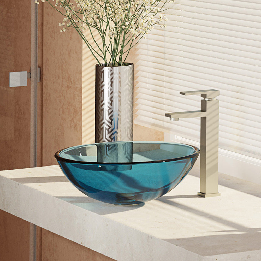 Alternate Image for Rene 17" Round Glass Bathroom Sink, Celeste, with Faucet, R5-5001-CEL-R9-7003-BN
