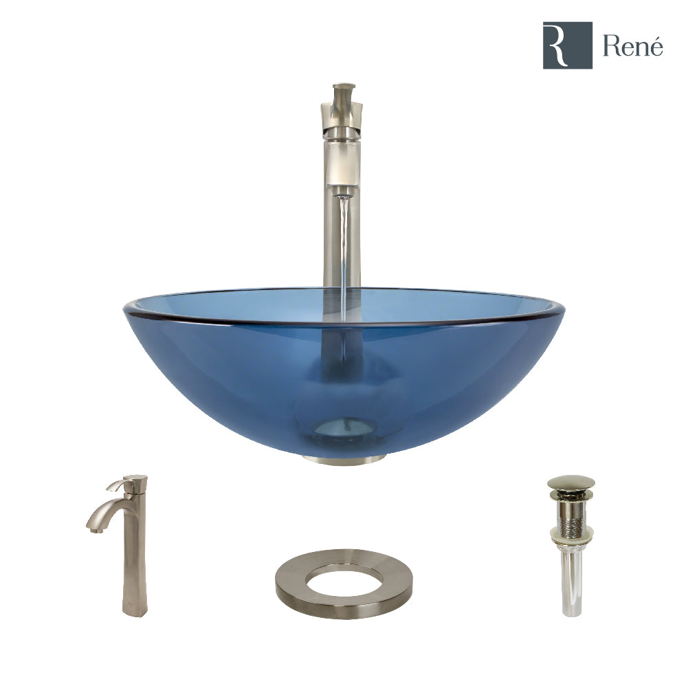 Rene 17" Round Glass Bathroom Sink, Celeste, with Faucet, R5-5001-CEL-R9-7006-BN