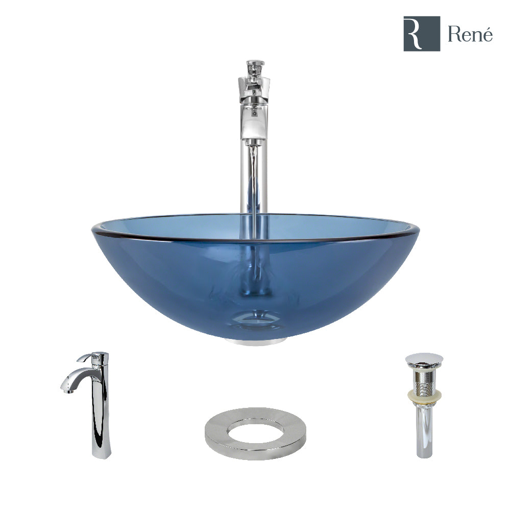 Rene 17" Round Glass Bathroom Sink, Celeste, with Faucet, R5-5001-CEL-R9-7006-C