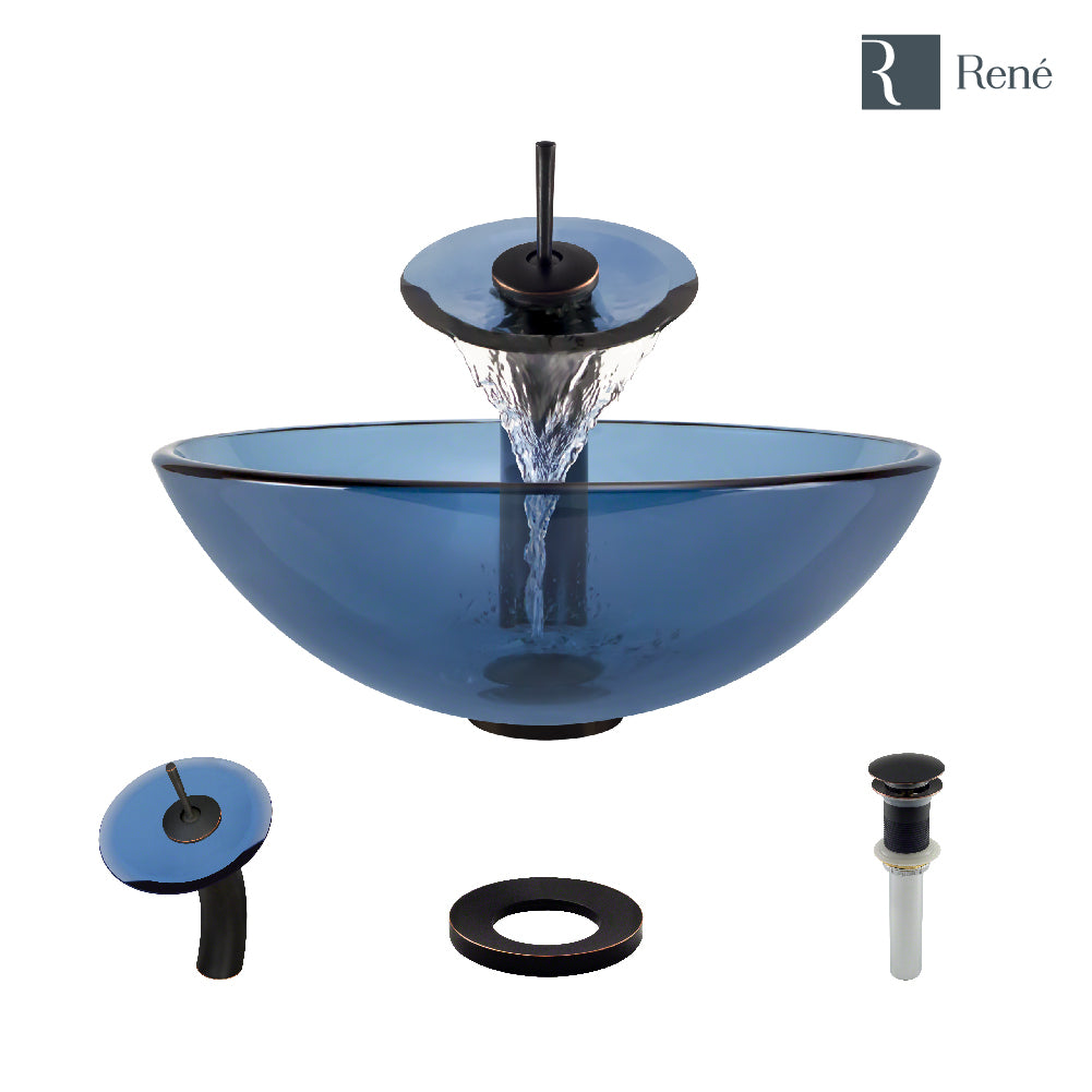 Rene 17" Round Glass Bathroom Sink, Celeste, with Faucet, R5-5001-CEL-WF-ABR