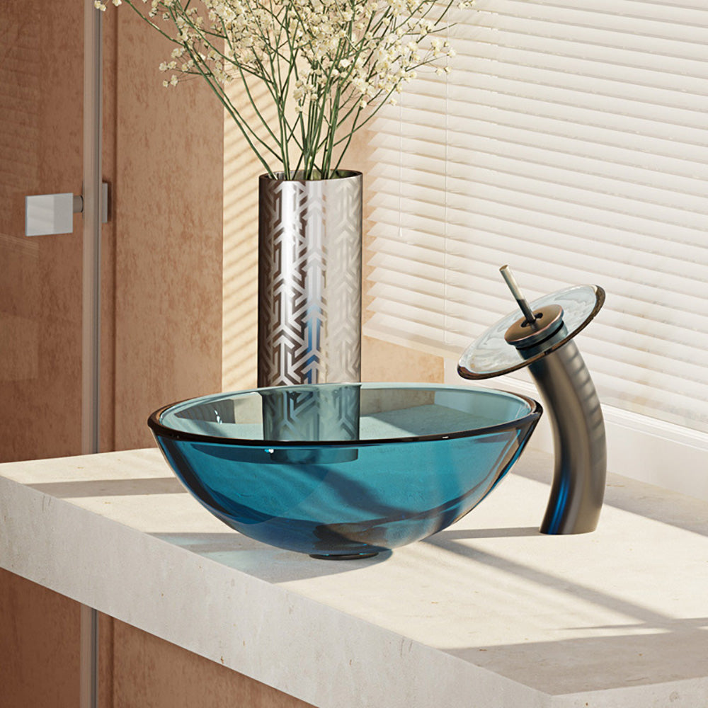 Alternate Image for Rene 17" Round Glass Bathroom Sink, Celeste, with Faucet, R5-5001-CEL-WF-ABR