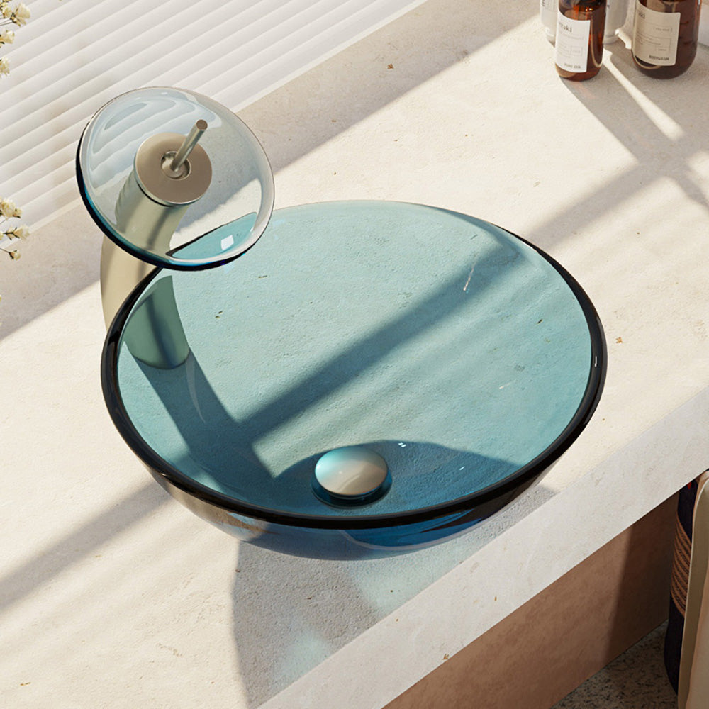 Alternate Image for Rene 17" Round Glass Bathroom Sink, Celeste, with Faucet, R5-5001-CEL-WF-BN