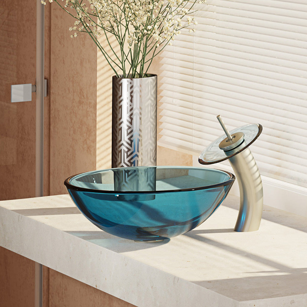 Alternate Image for Rene 17" Round Glass Bathroom Sink, Celeste, with Faucet, R5-5001-CEL-WF-BN