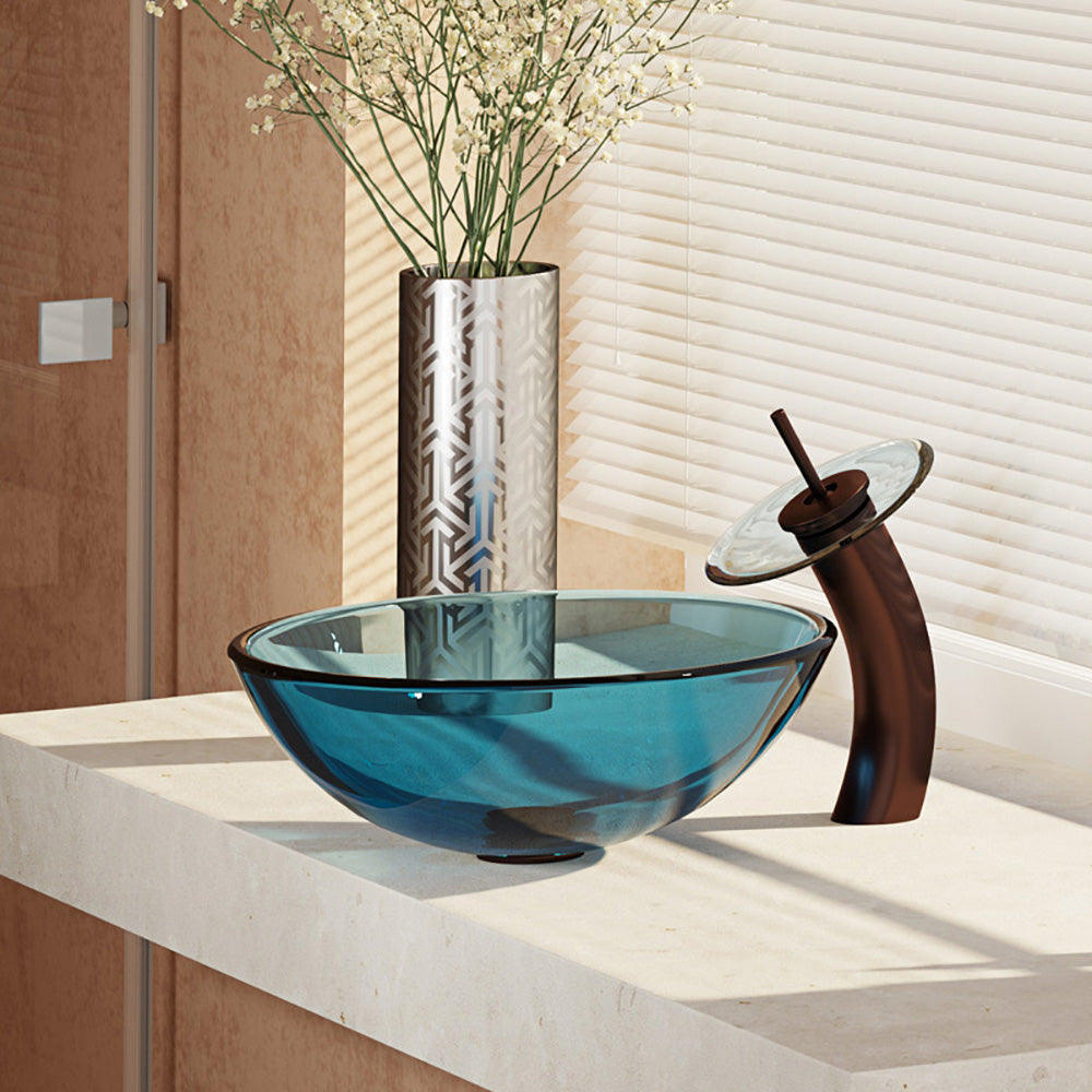 Alternate Image for Rene 17" Round Glass Bathroom Sink, Celeste, with Faucet, R5-5001-CEL-WF-ORB