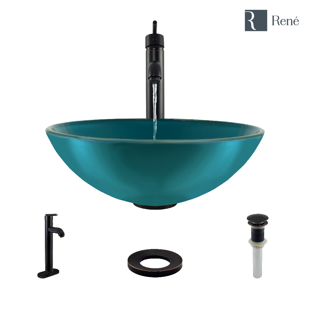 Rene 17" Round Glass Bathroom Sink, Cerulean, with Faucet, R5-5001-CER-R9-7001-ABR