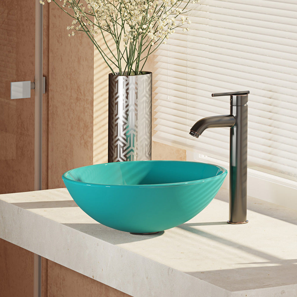 Alternate Image for Rene 17" Round Glass Bathroom Sink, Cerulean, with Faucet, R5-5001-CER-R9-7001-ABR