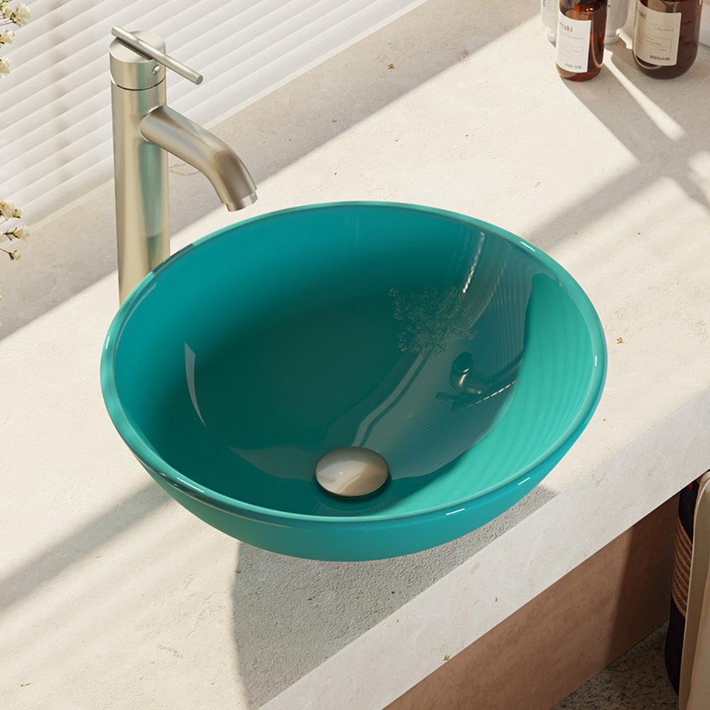 Alternate Image for Rene 17" Round Glass Bathroom Sink, Cerulean, with Faucet, R5-5001-CER-R9-7001-BN