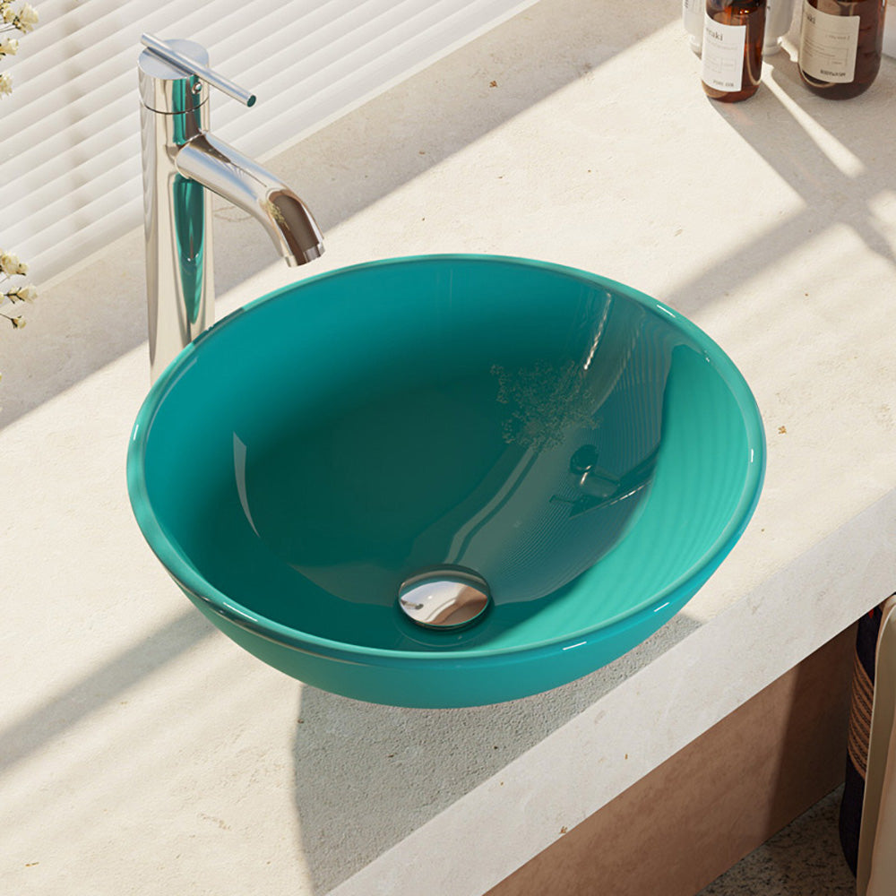 Alternate Image for Rene 17" Round Glass Bathroom Sink, Cerulean, with Faucet, R5-5001-CER-R9-7001-C