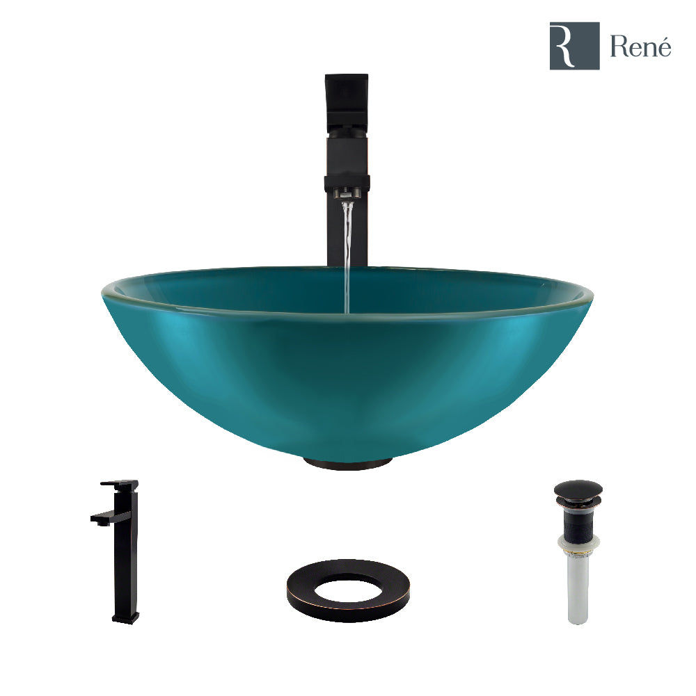 Rene 17" Round Glass Bathroom Sink, Cerulean, with Faucet, R5-5001-CER-R9-7003-ABR