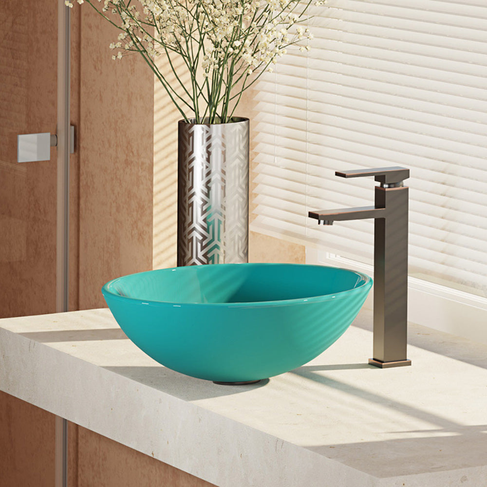 Alternate Image for Rene 17" Round Glass Bathroom Sink, Cerulean, with Faucet, R5-5001-CER-R9-7003-ABR
