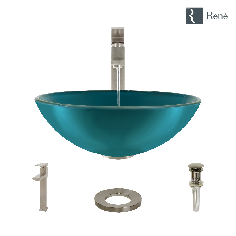 Alternate Image for Rene 17" Round Glass Bathroom Sink, Cerulean, with Faucet, R5-5001-CER-R9-7003-BN