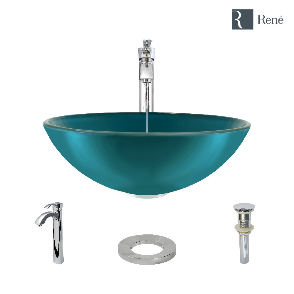 Rene 17" Round Glass Bathroom Sink, Cerulean, with Faucet, R5-5001-CER-R9-7006-C
