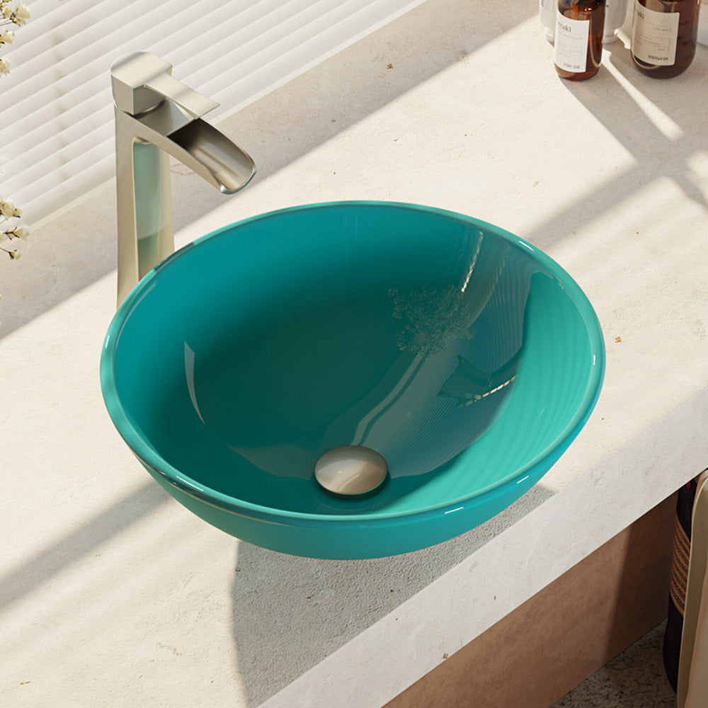Alternate Image for Rene 17" Round Glass Bathroom Sink, Cerulean, with Faucet, R5-5001-CER-R9-7007-BN