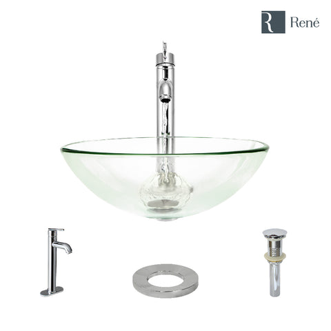 Rene 17" Round Glass Bathroom Sink, Crystal, with Faucet, R5-5001-CRY-R9-7001-C
