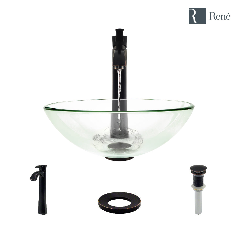 Rene 17" Round Glass Bathroom Sink, Crystal, with Faucet, R5-5001-CRY-R9-7006-ABR