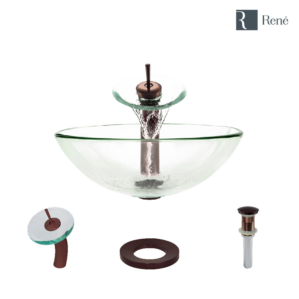 Rene 17" Round Glass Bathroom Sink, Crystal, with Faucet, R5-5001-CRY-WF-ORB
