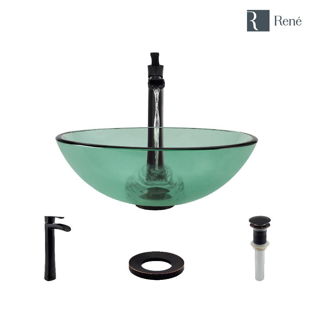 Rene 17" Round Glass Bathroom Sink, Ivy, with Faucet, R5-5001-IVY-R9-7007-ABR