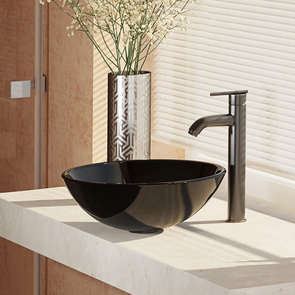 Alternate Image for Rene 17" Round Glass Bathroom Sink, Noir, with Faucet, R5-5001-NOR-R9-7001-ABR