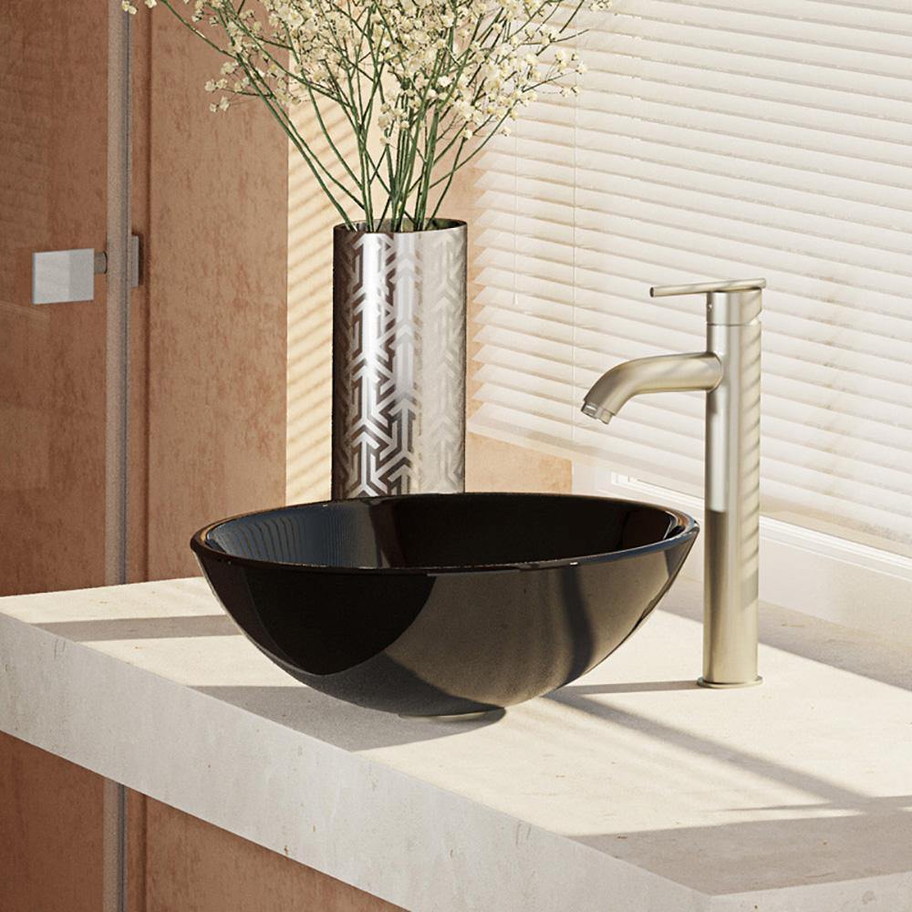 Alternate Image for Rene 17" Round Glass Bathroom Sink, Noir, with Faucet, R5-5001-NOR-R9-7001-BN