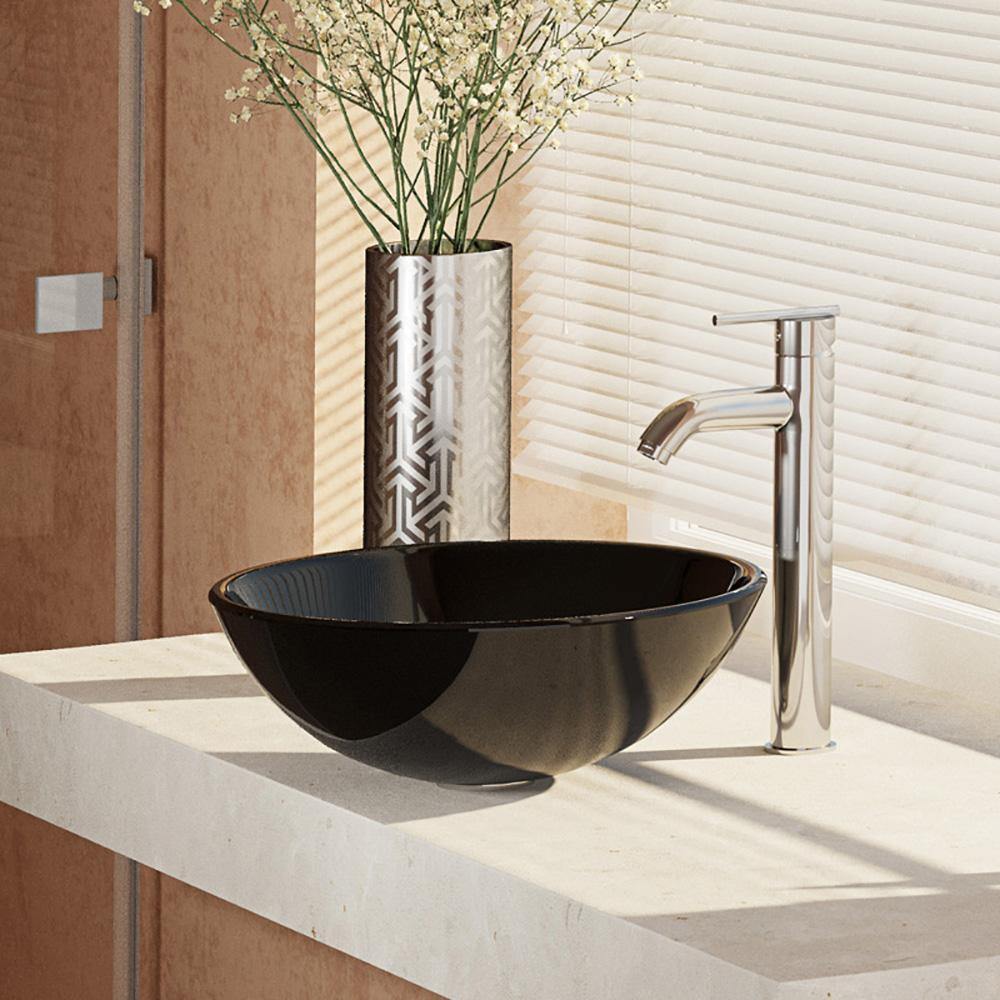 Alternate Image for Rene 17" Round Glass Bathroom Sink, Noir, with Faucet, R5-5001-NOR-R9-7001-C