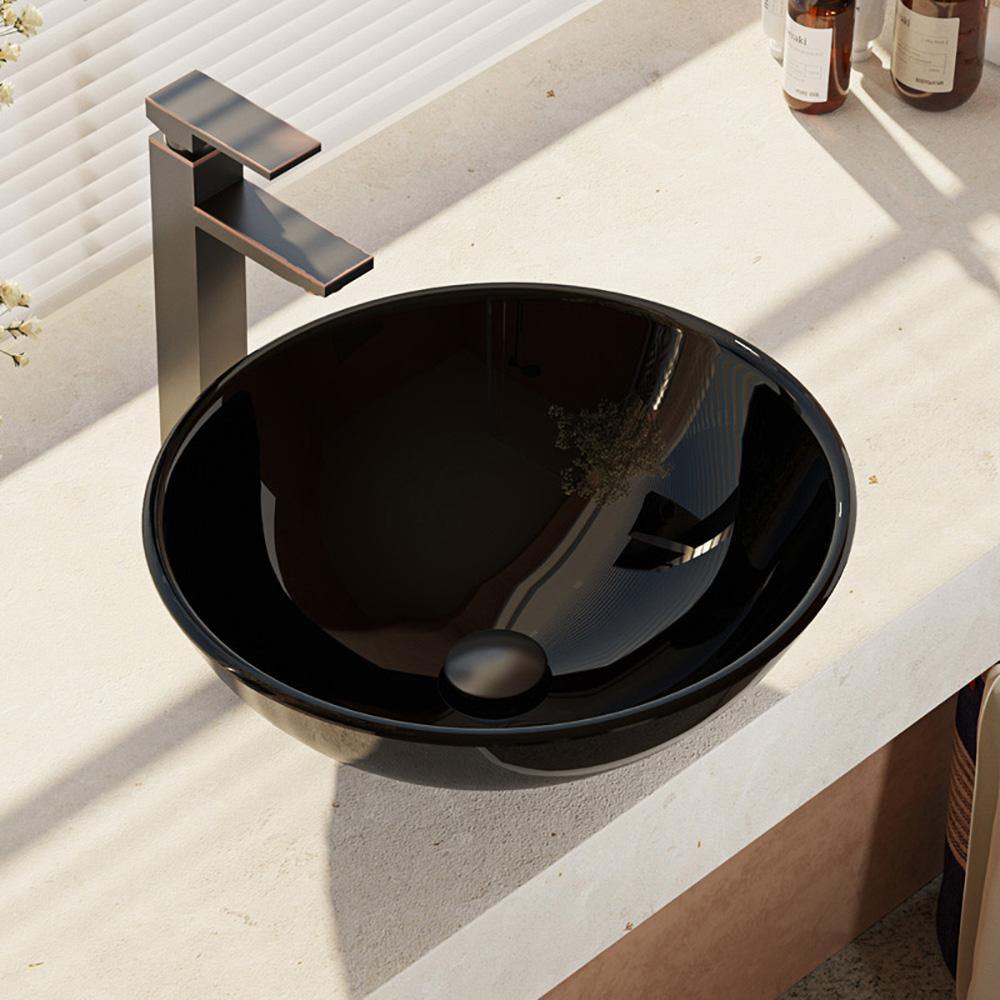 Alternate Image for Rene 17" Round Glass Bathroom Sink, Noir, with Faucet, R5-5001-NOR-R9-7003-ABR