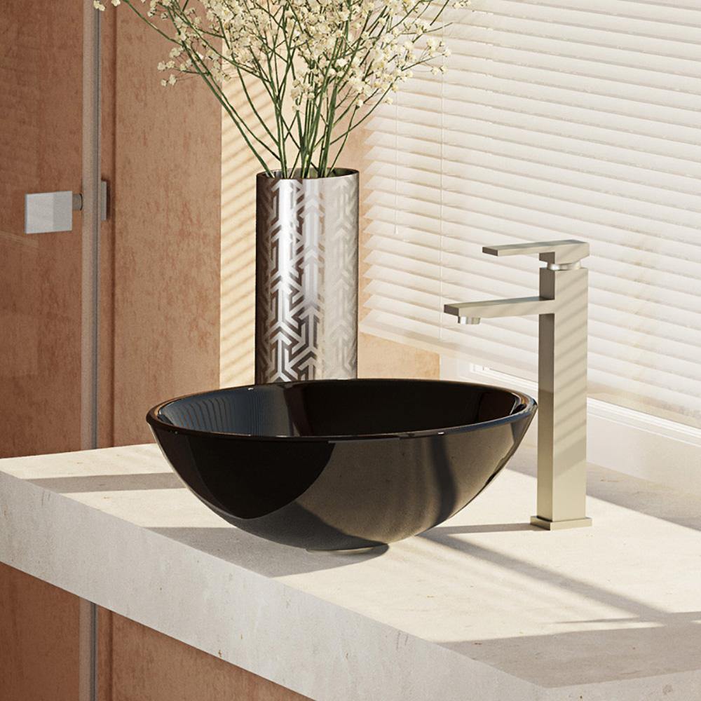 Alternate Image for Rene 17" Round Glass Bathroom Sink, Noir, with Faucet, R5-5001-NOR-R9-7003-BN