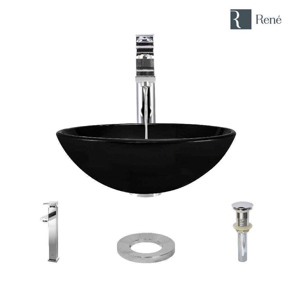 Rene 17" Round Glass Bathroom Sink, Noir, with Faucet, R5-5001-NOR-R9-7003-C