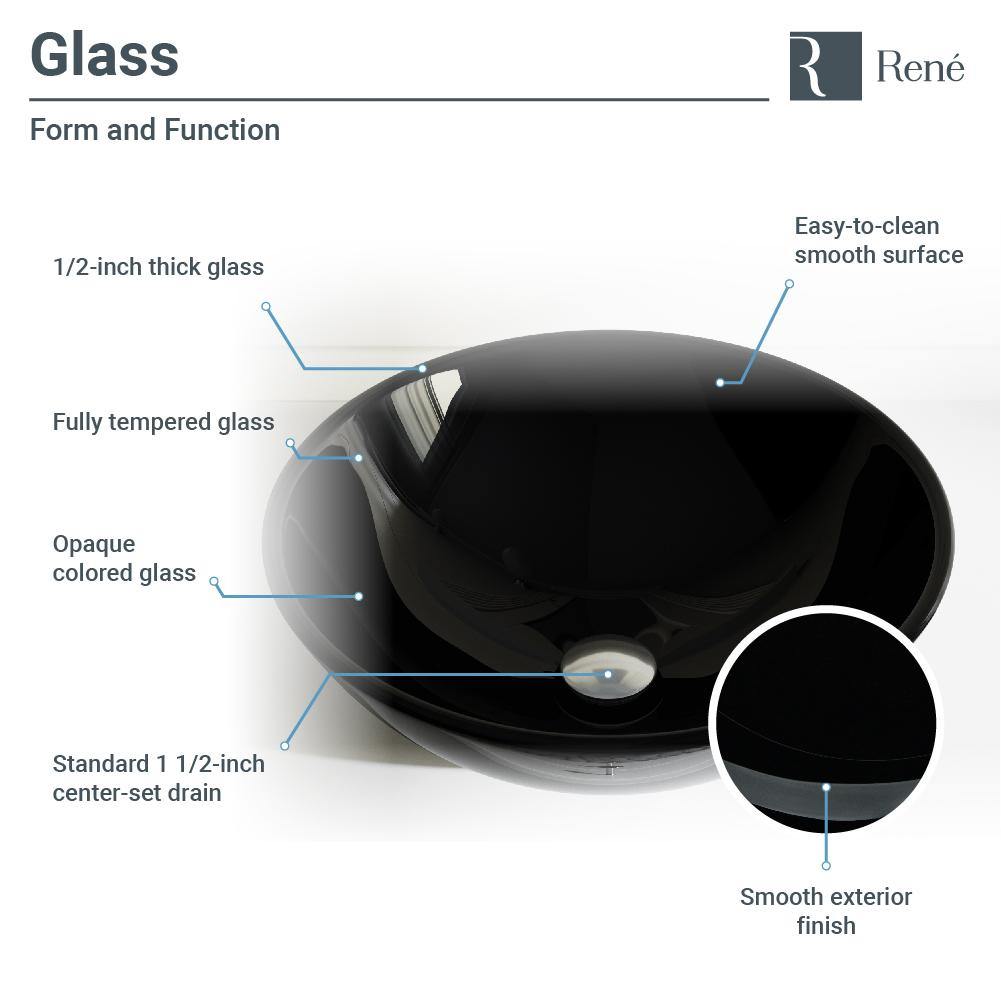 Rene 17" Round Glass Bathroom Sink, Noir, with Faucet, R5-5001-NOR-R9-7006-ABR - The Sink Boutique