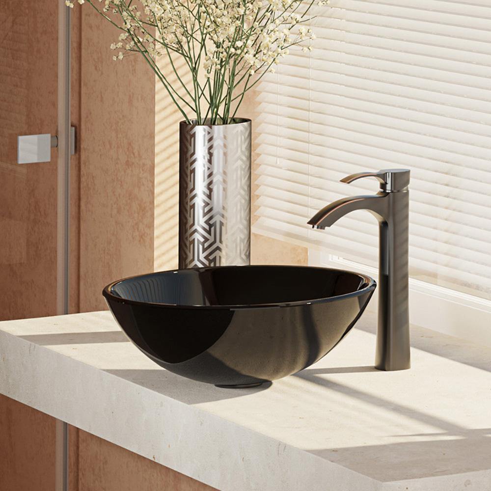 Alternate Image for Rene 17" Round Glass Bathroom Sink, Noir, with Faucet, R5-5001-NOR-R9-7006-ABR