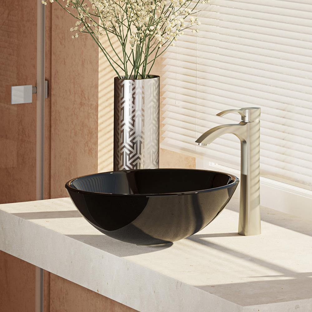 Alternate Image for Rene 17" Round Glass Bathroom Sink, Noir, with Faucet, R5-5001-NOR-R9-7006-BN