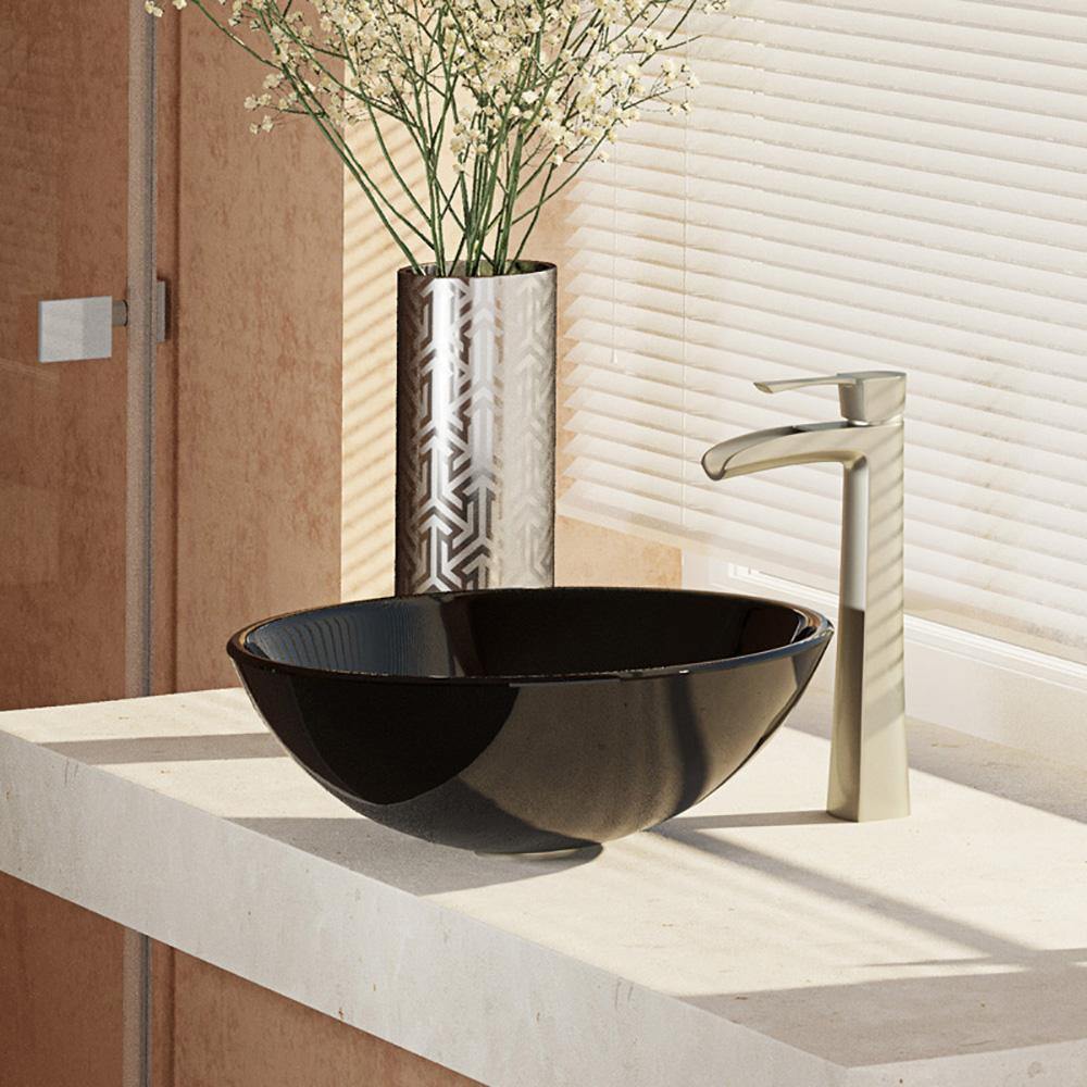Alternate Image for Rene 17" Round Glass Bathroom Sink, Noir, with Faucet, R5-5001-NOR-R9-7007-BN
