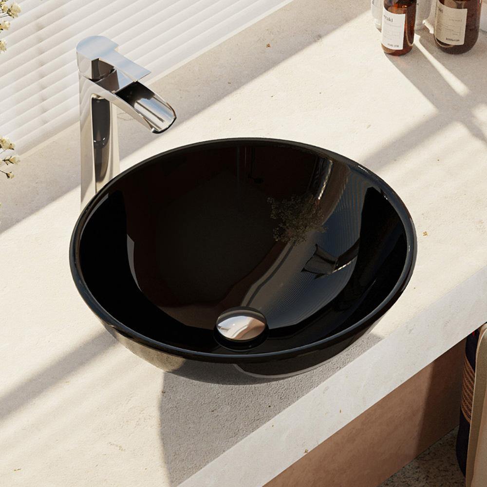 Alternate Image for Rene 17" Round Glass Bathroom Sink, Noir, with Faucet, R5-5001-NOR-R9-7007-C