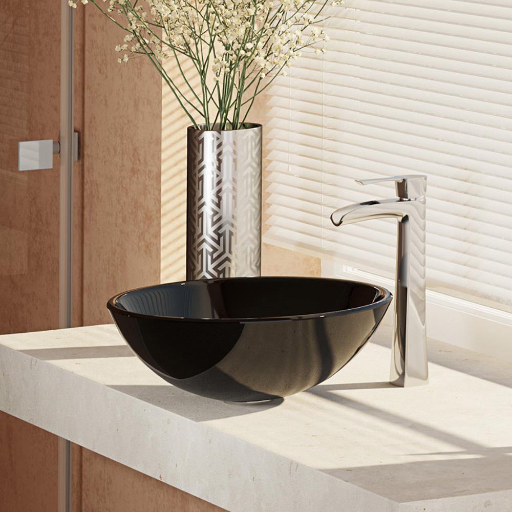 Alternate Image for Rene 17" Round Glass Bathroom Sink, Noir, with Faucet, R5-5001-NOR-R9-7007-C