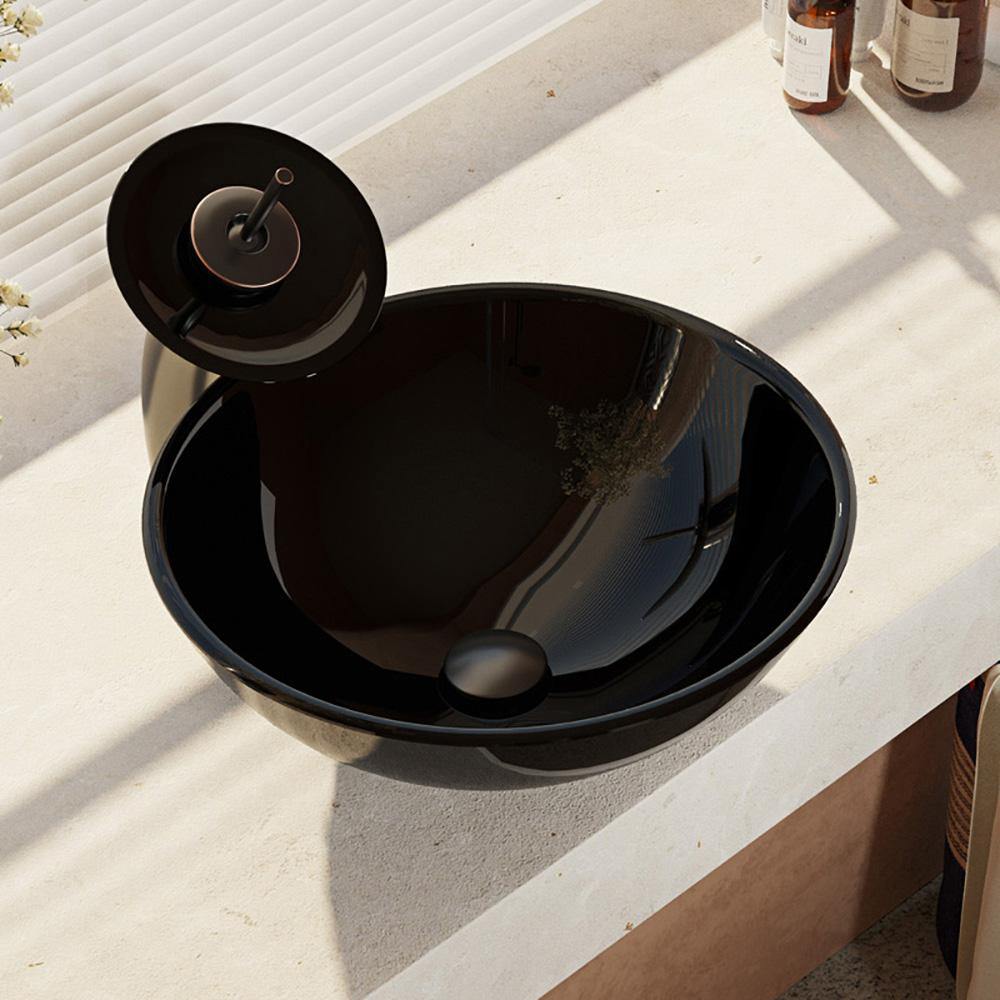 Alternate Image for Rene 17" Round Glass Bathroom Sink, Noir, with Faucet, R5-5001-NOR-WF-ABR