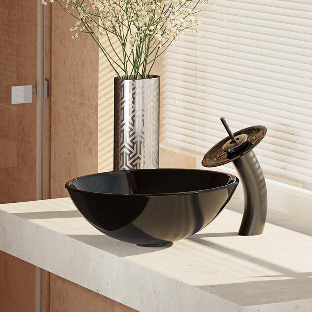 Alternate Image for Rene 17" Round Glass Bathroom Sink, Noir, with Faucet, R5-5001-NOR-WF-ABR