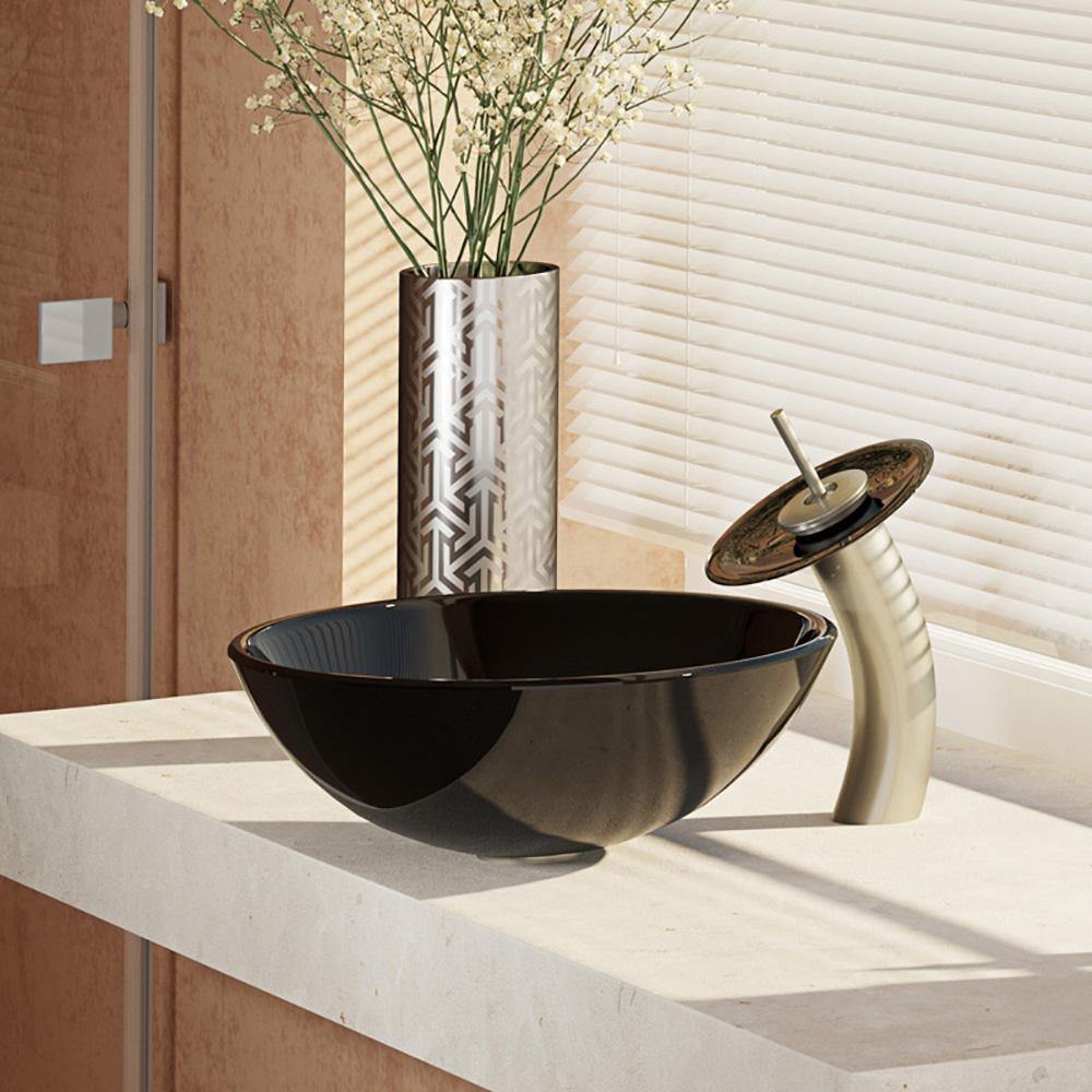 Alternate Image for Rene 17" Round Glass Bathroom Sink, Noir, with Faucet, R5-5001-NOR-WF-BN