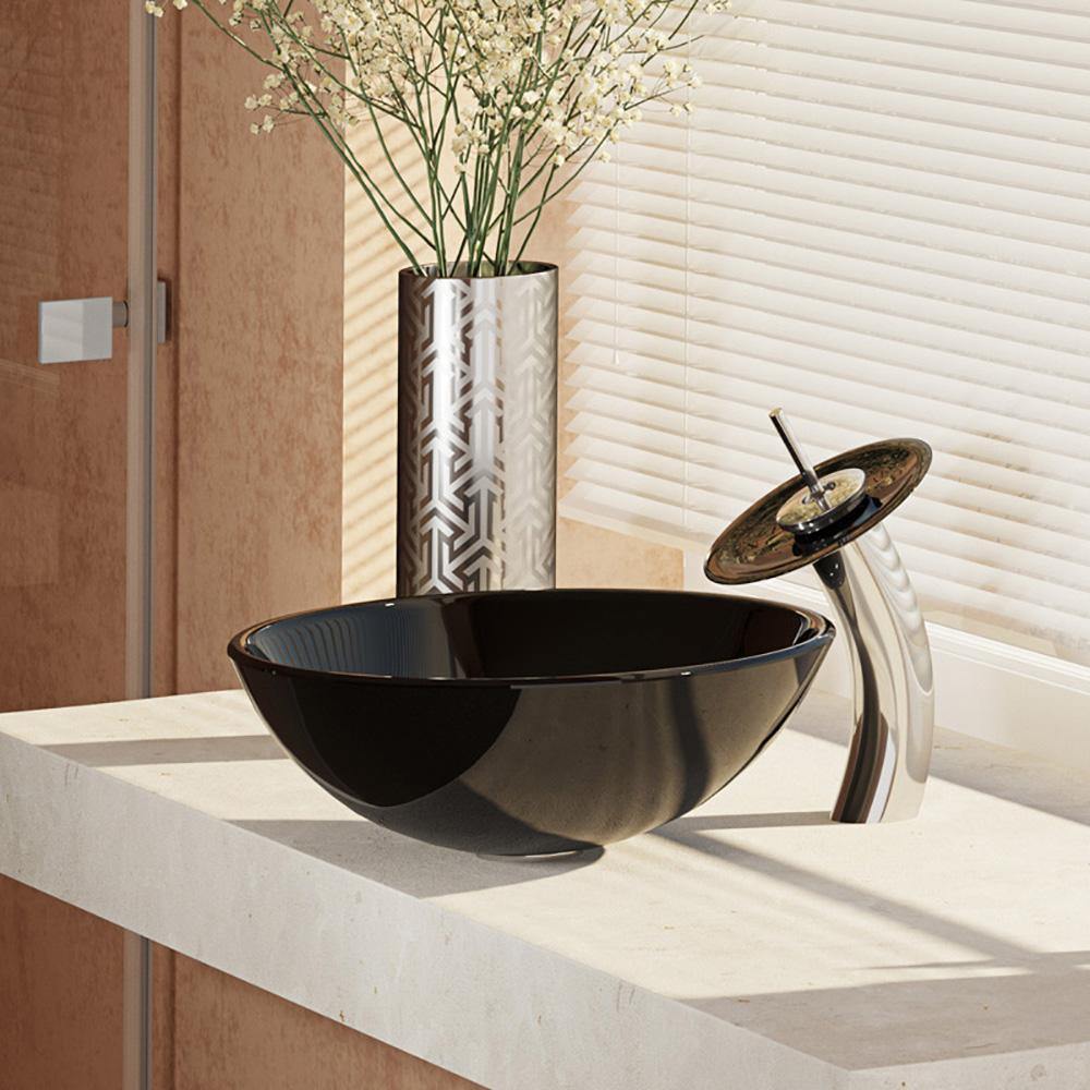 Alternate Image for Rene 17" Round Glass Bathroom Sink, Noir, with Faucet, R5-5001-NOR-WF-C