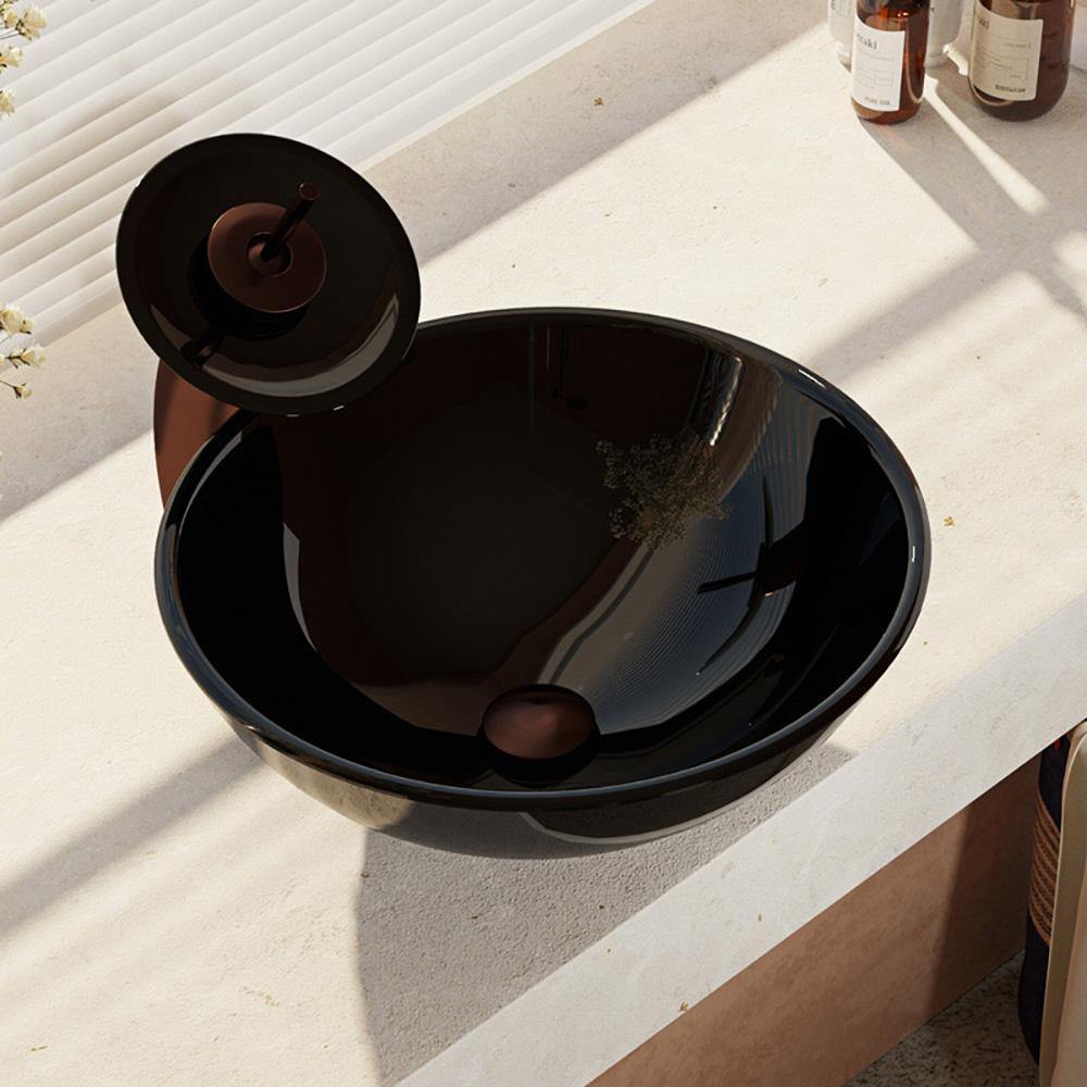 Alternate Image for Rene 17" Round Glass Bathroom Sink, Noir, with Faucet, R5-5001-NOR-WF-ORB