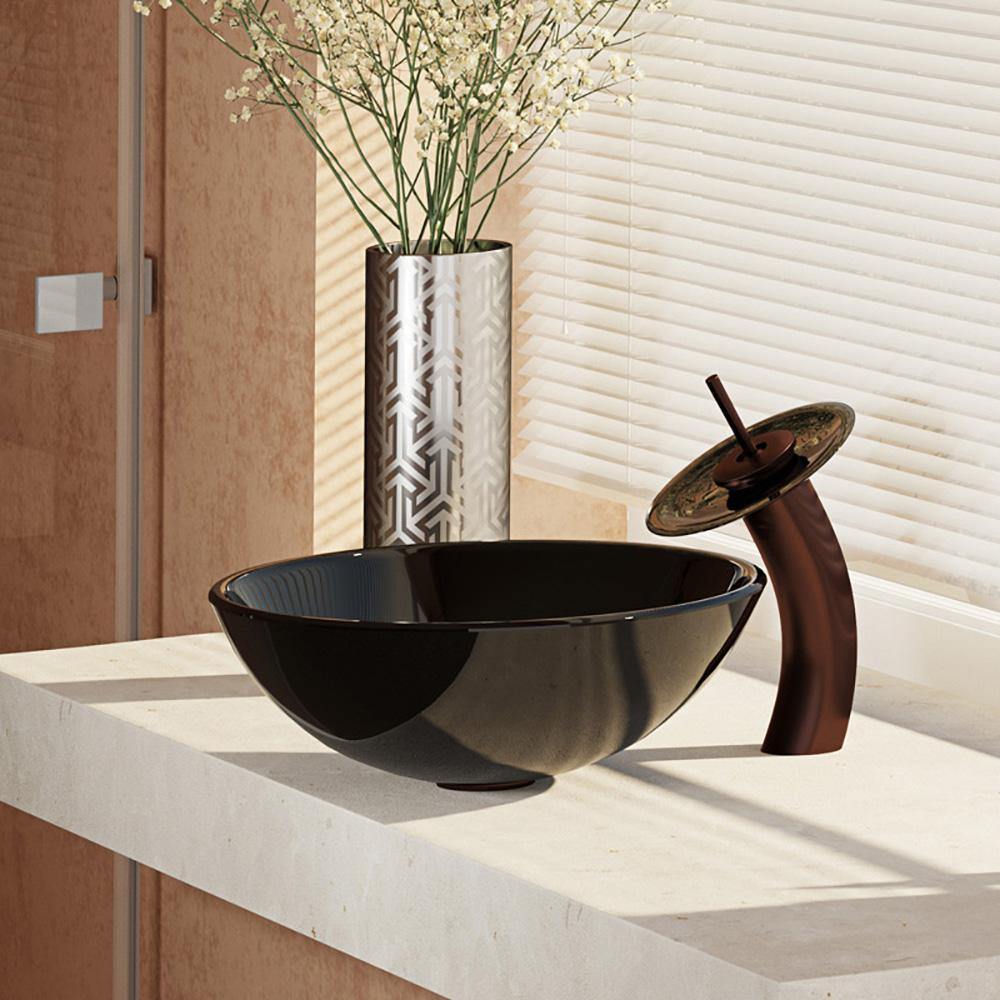 Alternate Image for Rene 17" Round Glass Bathroom Sink, Noir, with Faucet, R5-5001-NOR-WF-ORB