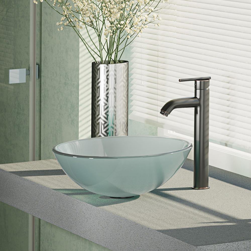 Alternate Image for Rene 17" Round Glass Bathroom Sink, Frosted, with Faucet, R5-5002-R9-7001-ABR