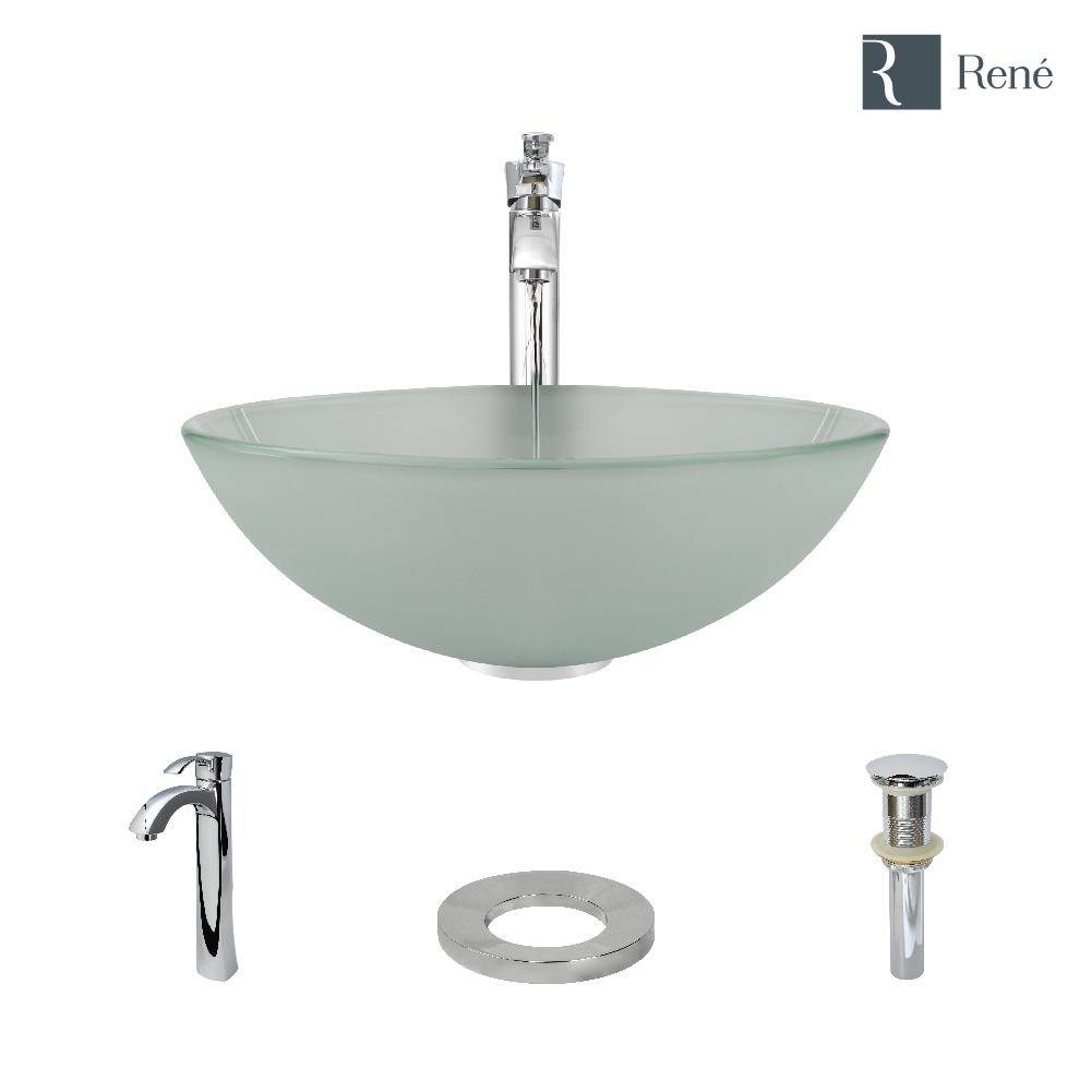 Rene 17" Round Glass Bathroom Sink, Frosted, with Faucet, R5-5002-R9-7006-C